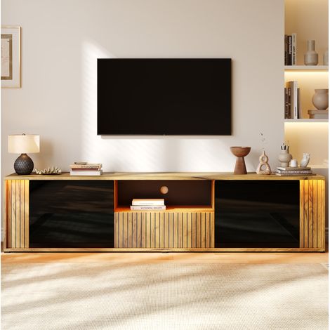 TV Lowboard (180x40x51 cm), für Fernseher bis 75 Zoll, 2 Türen, 1 Schublade, LED Beleuchtung, MDF und Spanplatte, Schwarz Natur (1/5)