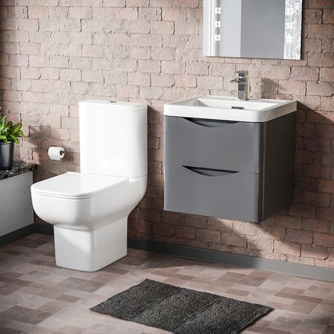 Merton 500mm Wall Hung Vanity Basin Unit & Close Coupled Toilet Steel Grey (1/5)