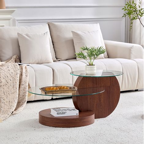 Mesa salón elegante de cristal con doble nivel y nogal OKMYHOME (1/5)