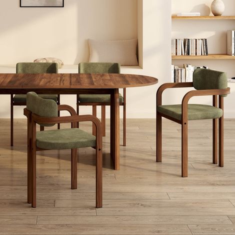 Lote de 4 sillas de comedor, sillas de mesa ESMA de metal con acabado en nogal y tela de chenilla verde, con reposabrazos (1/5)