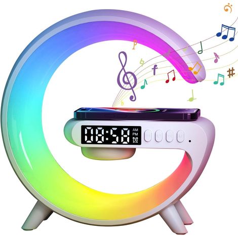 Kabelloses Ladegerät – G-förmige Lampe, Handy-Ladegerät, Wecker, Nachttischlampe, dimmbares Nachtlicht, RGB-Farbwechsel (weiß).