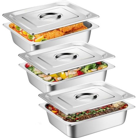 Lot de 3 bols à panure, récipients GN 1/3 en acier inoxydable avec couvercle, lot de 3 bols pour paner, idéal pour les plats et les plats à frire 32,5 x 17,6 x 6,5 cm (1/5)