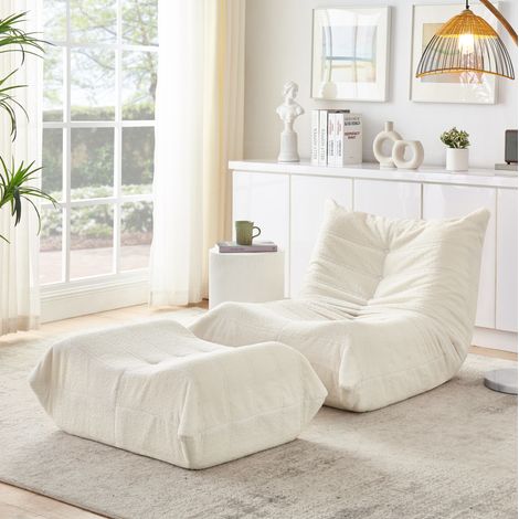 Sillón relax con reposapiés, sofá de suelo de espuma efecto teddy beige DESVIAE (1/5)