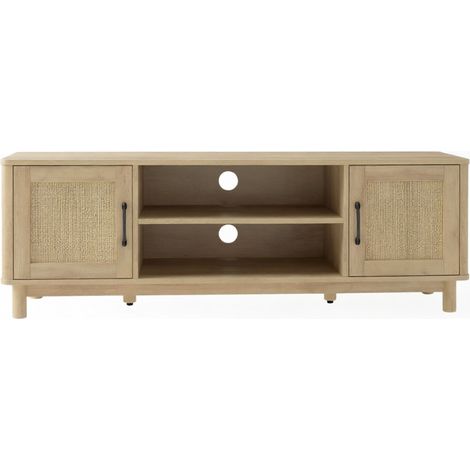 CHICFURN Meuble TV 135 cm avec rangements, portes en résine tressée et étagères ouvertes, meuble télé pour écran jusqu'à 65 pouces, bois clair (1/5)