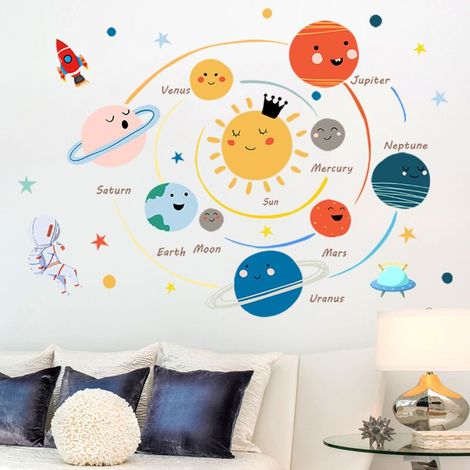 45x60cm Stickers Muraux Enfants, Système Solaire Planètes Décoration Murale, Pièces Stickers Muraux Décoration Astronaute pour Chambre Enfants Bébé Salon