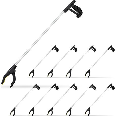 10 Alcanzadores Universales, Pinza Recoge Basura, Gancho para Ancianos, Aluminio-Polipropileno, 76 cm, Negro-Plateado