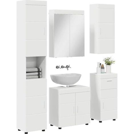 Ensemble Meuble de Salle de Bain 5 Pièces, Design Moderne en Bois, Couleur Blanche, avec Lavabo et Miroir, Rangement Pratique pour WC (1/5)