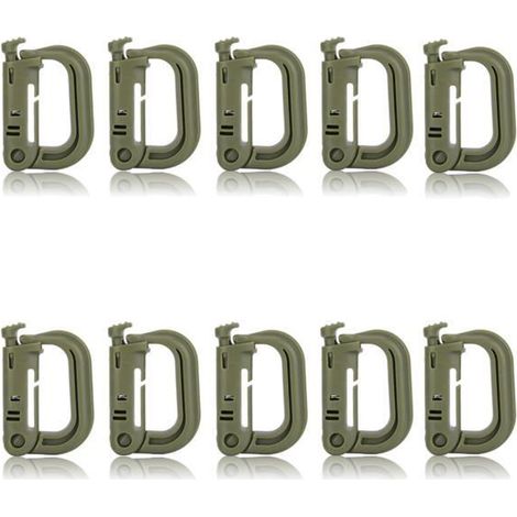 Mousquetons plastique - 10 pièces, forme D, tactique - Vert armée - Convient pour sac à dos, camping, pêche (1/5)