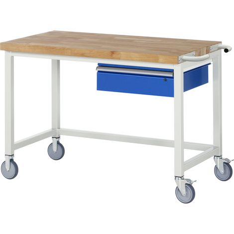Werkbank B1250xT700xH880mm Buche massiv lichtgrau enzianblau 1 Schublade RAU (1/4)