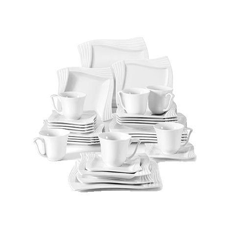 Vajilla de porcelana para 12 personas, apta para microondas y lavavajillas, con elegante diseño cuadrado. (1/2)