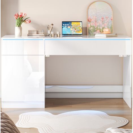 Schreibtisch 120x50x78 cm Weiß Hochglanz aus Spanplatte mit LED-Beleuchtung, 2 Schubladen und Schrankfach (1/5)