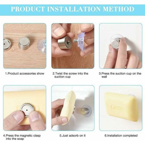 Lot de 6 porte-savons aimantés avec ventouses, conçus pour une utilisation sans perçage. Ces porte-savons magnétiques sont adaptés pour la salle de bain, l'évier, la baignoire et la cu
