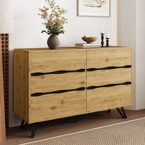 Comodino in legno con 6 cassetti, 120x40x75 cm, piedi metallici, ampio spazio di archiviazione, design rustico, mobili per soggiorno