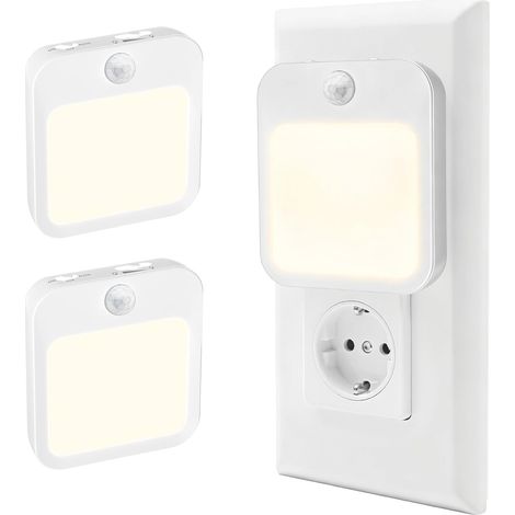 Veilleuse avec détecteur de mouvement sur prise, lot de 2  Capteur de lumière, modes ON/OFF/AUTO, 3000 K blanc chaud, intensité réglable, mémoire, portée 3–5 m, angle 120°, arrêt 45 s. (1/5)