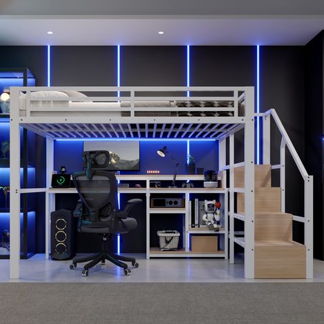 Cama alta, 140 x 200 cm, estructura metálica, armario con escalera, compartimento de almacenamiento, USB + Tipo-C, tira de luz LED, sin colchón, blanca (1/5)