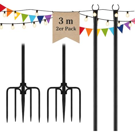 Relaxdays Lichterkettenstange 2er Set, 3m, Garten, outdoor, Lampenmast, 2-in-1, Boden & Zaun, Light Pole, Eisen, schwarz (1/5)