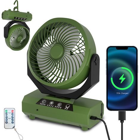 Randaco Tischventilator,Camping Ventilator, wiederaufladbar, 20000mAh Akku, 4 Geschwindigkeiten, mit Fernbedienung, LED Licht und Haken,für Outdoor, Zelt,Grün