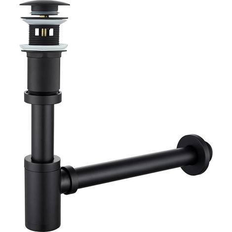 Kit de sifón de latón para botellas de 1 1/4 pulgadas, sifón redondo moderno con tapón retráctil y boquilla de rebosadero, color negro mate.