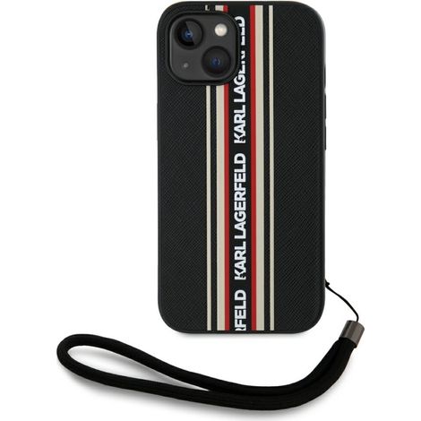 Funda Karl Lagerfeld Saffiano Athleisure Stripes Cord para iPhone 15, color negro y rojo. (1/5)