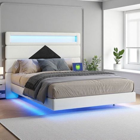 Letto Sospeso 140x190 - Velluto Beige - Testiera USB e LED - Design Pulito