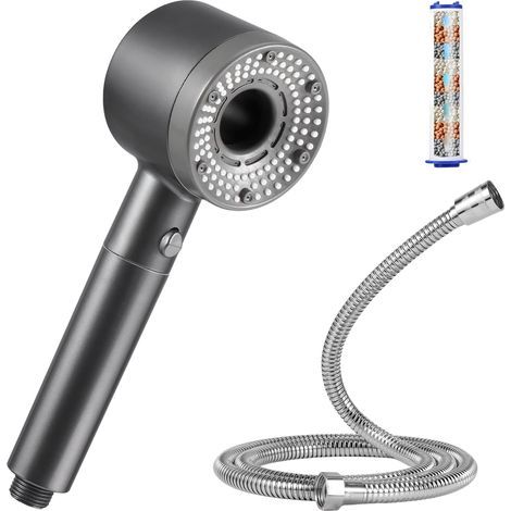 High-pressure shower head with 1.5m hose, anti-limescale shower head (with filter), grey (1/5)