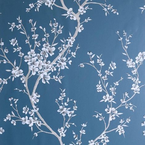 Oriental Trail Teal Wallpaper White Blossom Flowers Floral Dark Blue Decor (1/4)