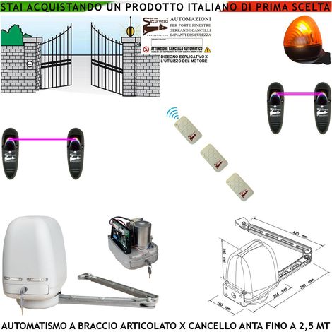 KIT MOTORE A BRACCIO ARTICOLATO 220/24 V CANCELLO AUTOMATICO ANTA BATTENTE DA 0,5 A 2,5 MT CENTRALE 3 RADIOCOMANDI 2 FOTOCELLULE FARO (1/4)