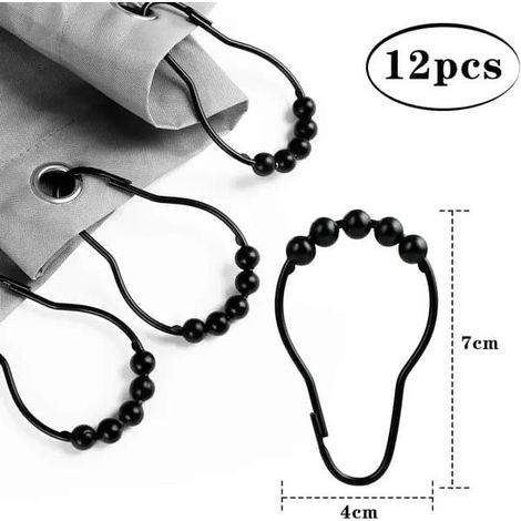 Anneaux de rideau de douche en acier inoxydable chromé avec billes coulissantes, noirs, lot de 12, 7 x 4 cm, pour tringles jusqu'à 28 mm (1/4)