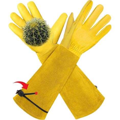 Gants De Travail en Cuir Résistant aux Épines, Gants de Travail en Cuir de Vache, Anti Coupure Gants Rosiers Epineux pour Fermier et Jardinier (L-avec Bretelles) (1/5)