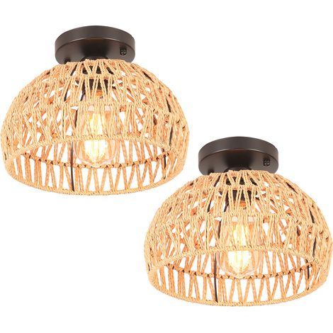 2X Retro Ceiling Light E27 Braided Hemp Rope Ceiling Lamp, Round Metal Cage Lampshade Ø25CM, Indoor Ceiling Lamp (Black) (1/5)