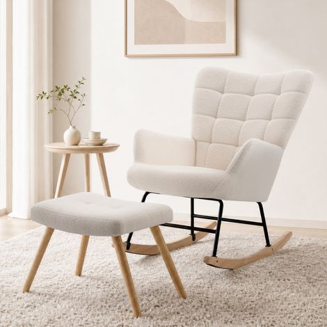 Poltrona a dondolo - Poggiapiedi incluso - Beige - Scandinava - Telaio in metallo - Schienale alto e imbottito - Peluche effetto agnello (1/5)