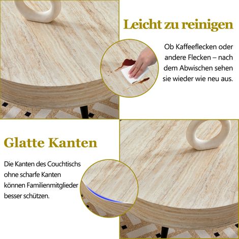 Table basse ronde 70 cm, plateau MDF effet travertin clair et bois, pieds métal noir. Design minimaliste, parfait pour salon ou petits espaces. (1/5)