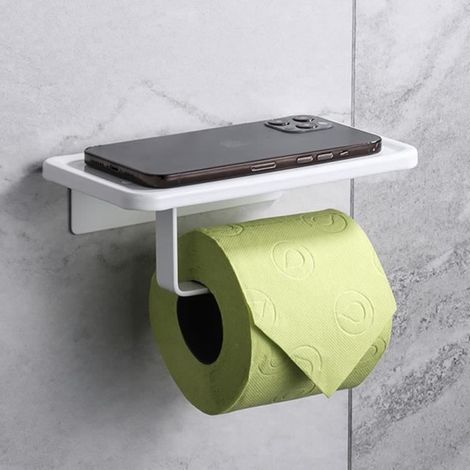 Porte Papier Toilette Porte-Rouleau sans Perçage avec étagère, Porte-Rouleau Aluminium Auto-adhésif ou Fixation Murale, Blance (1/4)