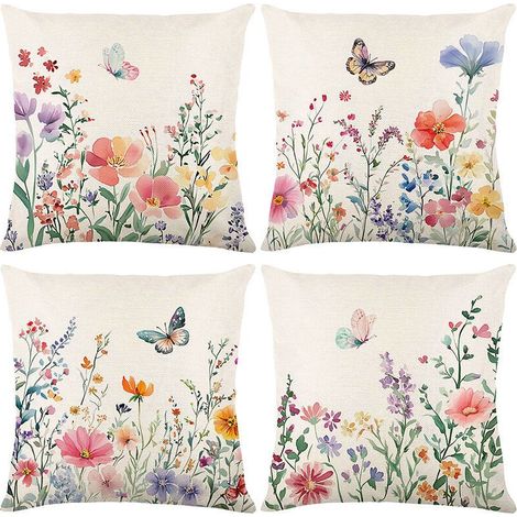 Juego de 4 fundas de almohada para exteriores, coloridas fundas de cojín con estampado floral y de mariposas, estilo bohemio, decoración de sofá, dormitorio, 45 x 45 cm (1/5)