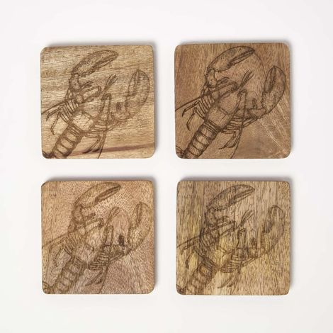 HOMESCAPES Wooden Coaster Set with Lobster Design, Set of 4 (1/5)