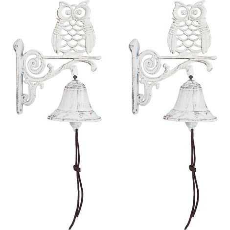 Relaxdays 2x Cast Iron Door Bells, Owl, Antique Design, with Cord, Weatherproof, Garden Decoration, 26.5x19x11 cm, White