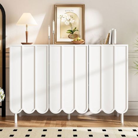 Buffet salle à manger 120x40x80, design moderne blanc Buffet salon, portes ondulées sans poignées, étagères réglables (1/5)