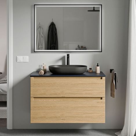 BERNSTEIN - Mobile lavabo sospeso MDF rovere miele, piano lavabo blu notte opaco, cassetti girevoli - 100x46x62cm - VIREO	Rovere Miele Oro, Blu notte opaco