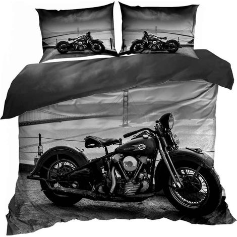 Ropa de cama de satén de algodón 3D de 160x200cm con diseño de motocicleta chopper negra (1/3)