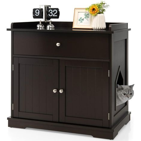 COSTWAY Mobile per Lettiera Gatti in Legno,Cassetto e Ingresso Laterale,76x53x74 cm,Caffè (1/5)