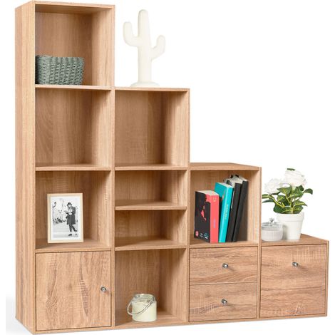 Idmarket – Meuble de rangement en escalier 4 niveaux – Dimensions L.117 x H.117 x P.30 cm – Bois façon hêtre avec porte et tiroirs