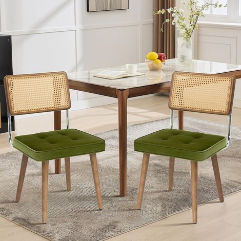 Lot de 4 Chaises de Salle à Manger en Velours Vert avec Dossier Rotin Tressé, Pieds en Bois et Assise Rembourrée, Vert (1/5)