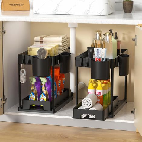 Lot de 2 Rangement sous Évier Cuisine,Organisateur sous Evier à 2 Étages avec Tiroir Coulissant,Étagère sous Évier avec 4 Crochets,1 Suspendu,Multifonctionnelle pour Cuisine,Buanderie (1/5)