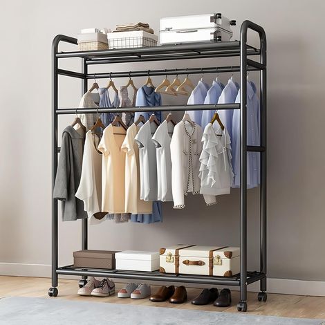 Portant À Vêtements, Penderie sur roulettes, Double Barre, Porte-Manteau, Tuyau en Acier Au Carbone, Charge 100 Kg Portique Vetement, Tringle Penderie pour Chambre Rangement Vetement, 100x37x155 cm (1/5)