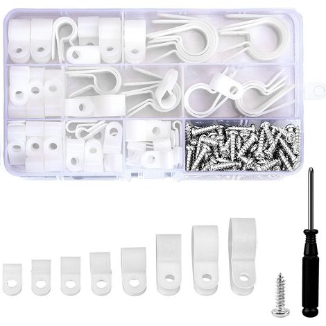151pcs/8 tailles Clips cable,P-Clip,Accroche cable,Cavalier cable electrique avec Vis et Tournevis pour la Gestion des Câbles(Blanc) (1/5)