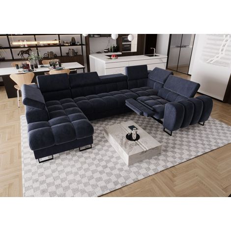 Wohnlandschaft Schlafsofa BASTIEN RELAX in Stoff Terra Blau Ottomane Links