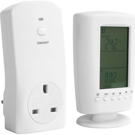 Thermostat programmable avec télécommande sans fil, rétroéclairage et écran LCD, compatible avec les prises électriques britanniques (250 V, 13 A, 50 Hz, 3250 W maximum). (1/5)