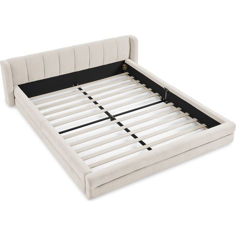 Cama matrimonial 140x200 cm de chenilla beige con cabecero acolchado MODENUIT (1/5)