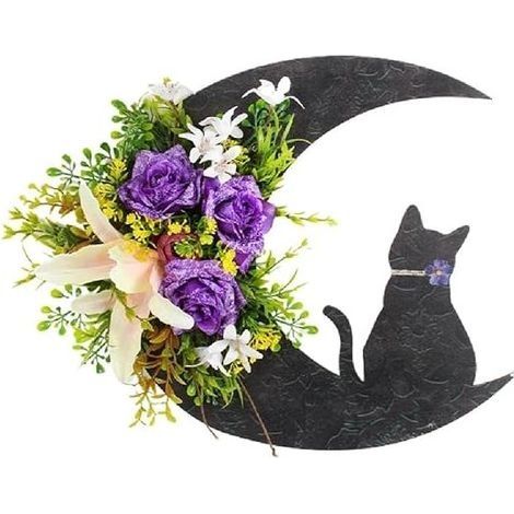 Halloween lune chat en forme de couronne fleur artificielle chat noir guirlande à suspendre pour porte d'entrée mur Halloween vacances fête maison hantée décoration, pourpre (1/5)