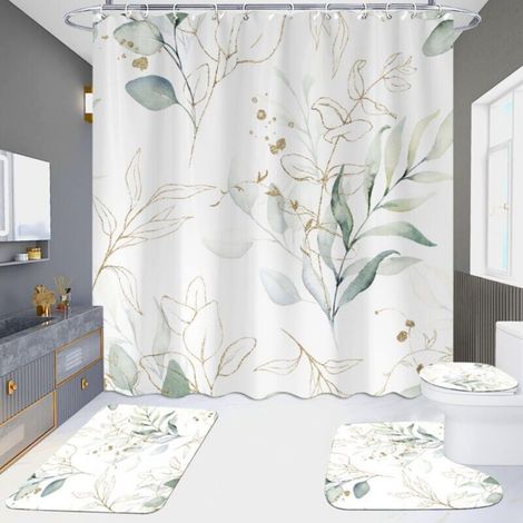 Cortina de ducha de eucalipto verde salvia, cortina de ducha con hojas de plantas primaverales, tejido impermeable, cortina de ducha con estampado acuarela verde y dorado con ganchos, 180 x 180 cm